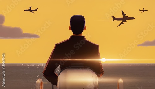 Man Watching Planes at Sunset – Dreamy Wanderlust Travel Concept