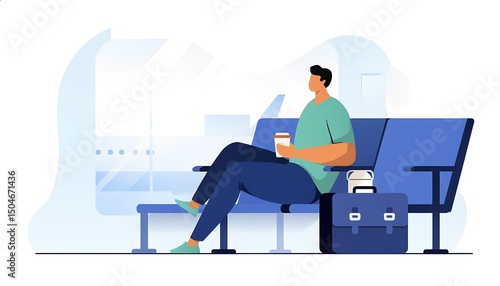 Traveler Sitting with Coffee and Luggage at Airport – Relaxed Transit Scene