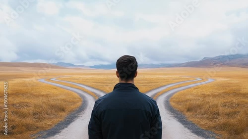 Multiple views of a man contemplating two diverging paths in a vast field, symbolizing important life choices and the challenge of decision making