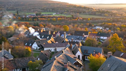 Autumn Village Rooftops at Sunset – Rural European Landscape