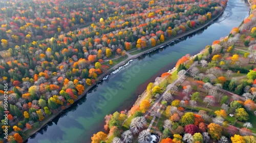 River Meandering Through Autumn Forest – Aerial Fall Landscape