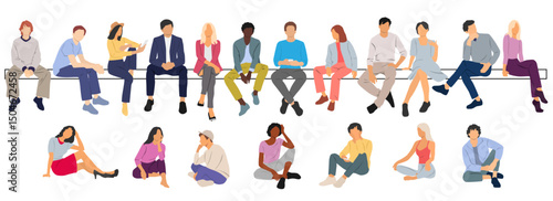 Group of men and a women sitting on a bench, different colors, cartoon character, silhouettes of business people, students, the design concept of flat icon, isolated on white background