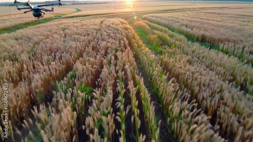 Drone Over Wheat Field at Sunset – Modern Agriculture Scene
