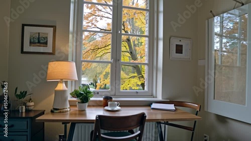 Cozy Home Office with Autumn Tree View