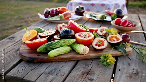 Rustic Farm Platter with Fresh Fruits and Vegetables – Outdoor Harvest Display