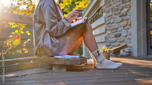 Woman Writing on Wooden Deck at Sunset – Cozy Autumn Journaling Scene