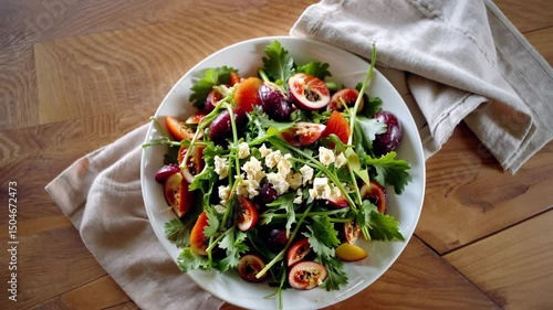 Fresh Arugula Salad with Feta and Plums on Rustic Napkin