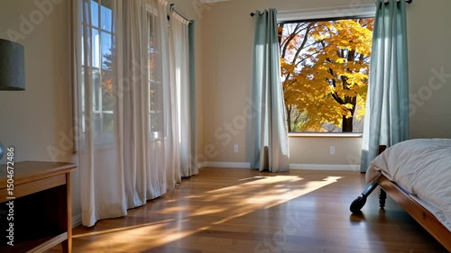 Bright Bedroom with Autumn Tree Outside Window