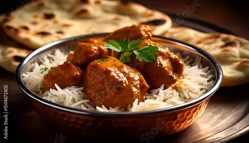 Authentic Indian Chicken Curry Served with Basmati Rice and Naan