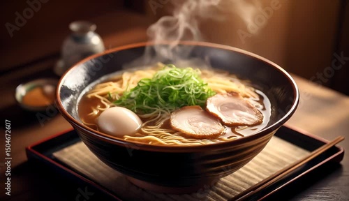 Japanese Ramen with Green Onions and Egg in a Stylish Black Bowl