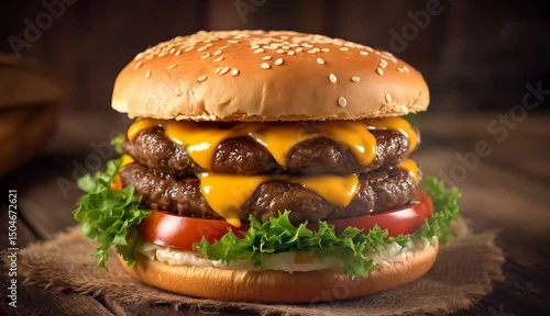 Juicy Double Cheeseburger with Fresh Vegetables on Rustic Background