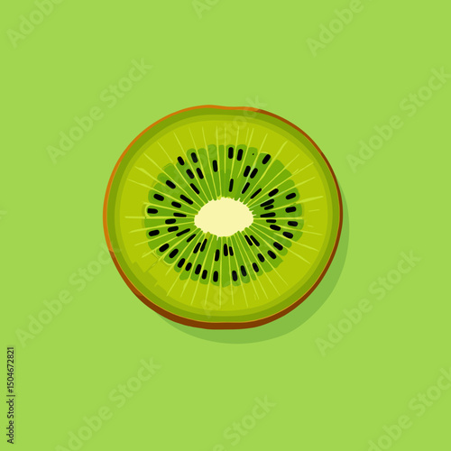 Close-up illustration of a sliced kiwi fruit on a bright green background, copy space