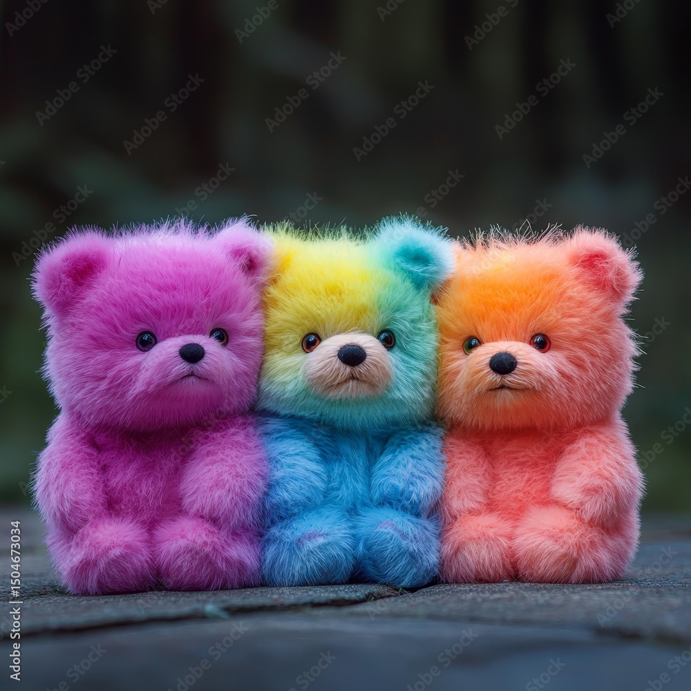 Fototapeta premium Colorful Teddy Bear Trio A Study of Softness and Texture