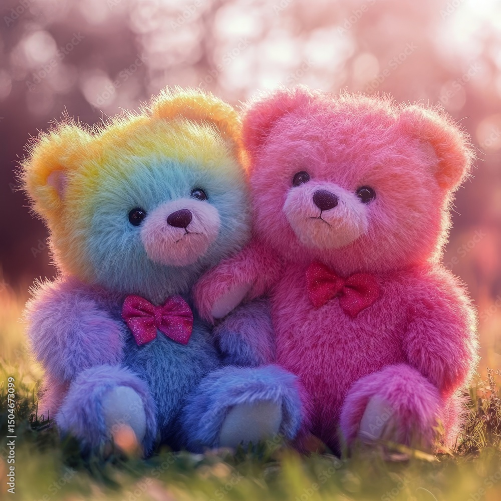 Fototapeta premium Colorful Fluffy Teddy Bears Sitting Together in Sunlight