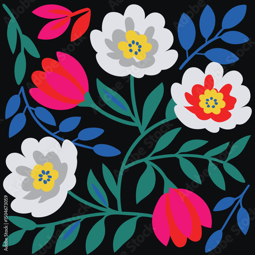 Vibrant floral arrangement with modern flat design blooming on a black background