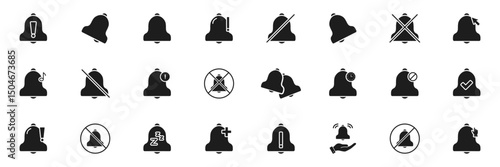 Notification Bell Solid Icon Set. Alert, Mute, Snooze, And Reminder Silhouette Symbol Collection. Various Notification States And Actions. Isolated Vector Illustration