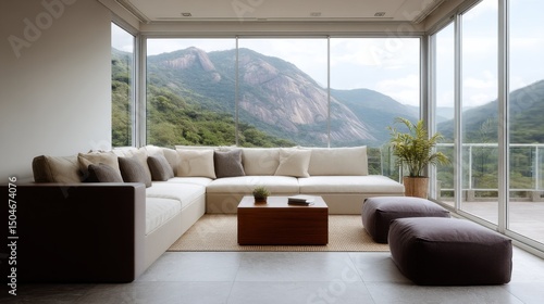 Modern living room with minimalist decor and stunning views of Brazilian mountains in Santa Catarina