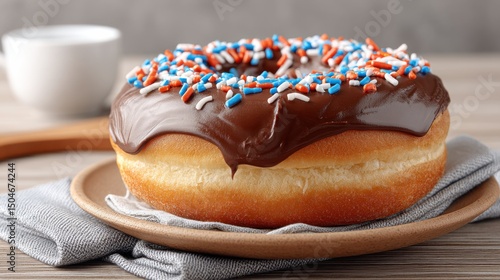Delicious chocolate frosted donut served on a ceramic plate with colorful sprinkles and a napkin on a wooden table in warm lighting