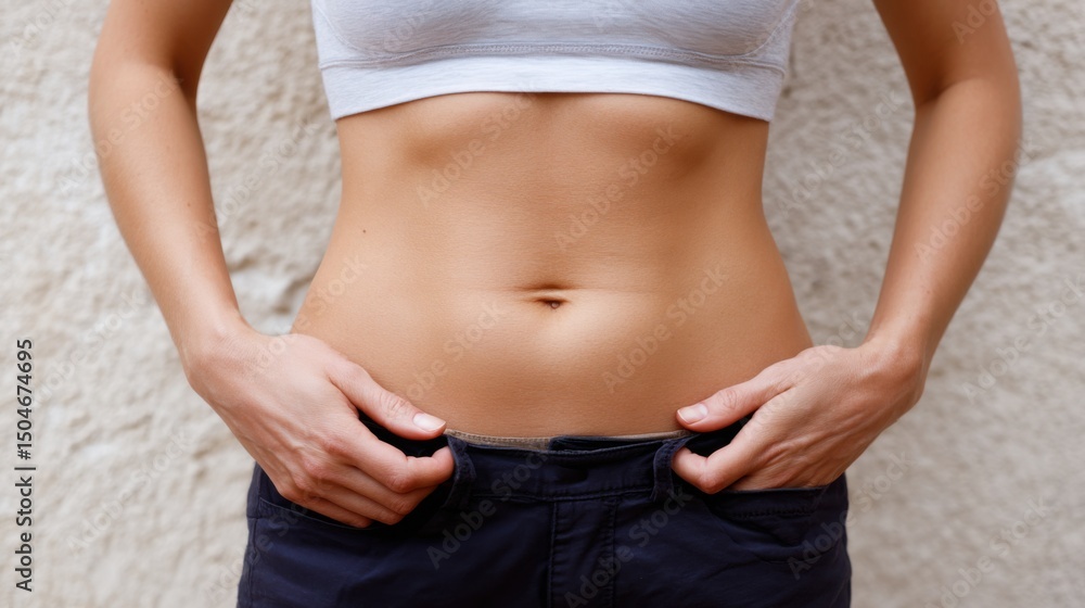 Close-up of loose skin on belly under natural light against an isolated background showcasing body features and skin texture Close-up of loose skin on belly under natural light against an isolated background showcasing body features and skin texture