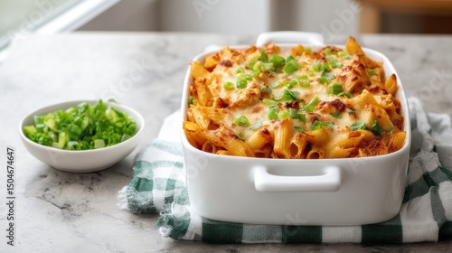 Creamy buffalo chicken pasta bake with green onions in a warm rectangular baking dish on a marble kitchen table