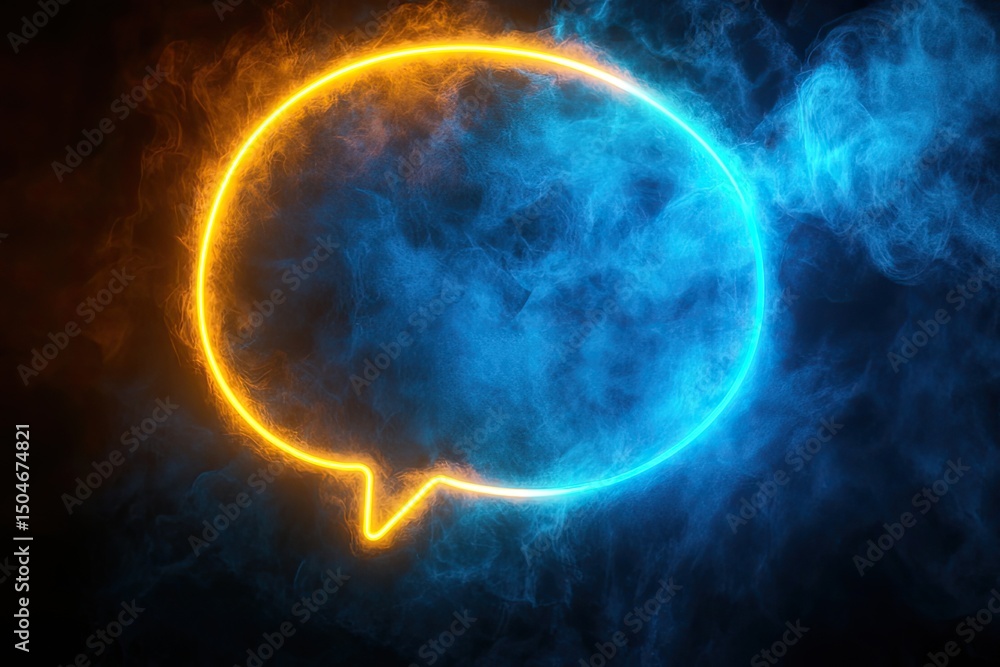 Neon speech bubble, glowing in a smoky, dual-toned atmosphere Neon speech bubble, glowing in a smoky, dual-toned atmosphere