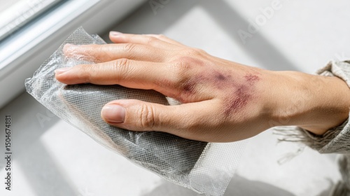 Womans hand showing swelling and redness from bee sting with cold compress applied in soft morning light