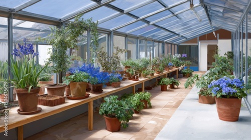 Cozy greenhouse filled with vibrant plants showcasing a variety of green shoots and colorful flowers in soft pastel hues