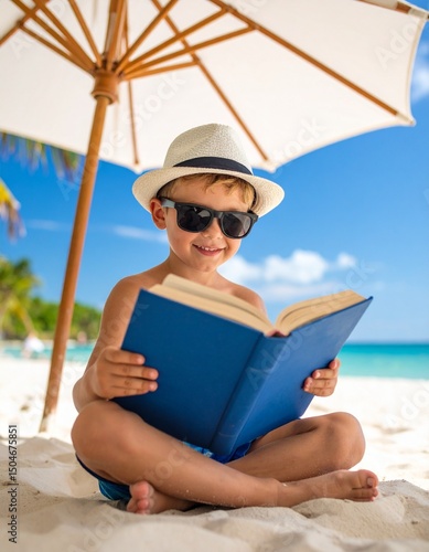 Adorable Boy Reading Book on Sunny Beach Under Umbrella, Summer Vacation Fun