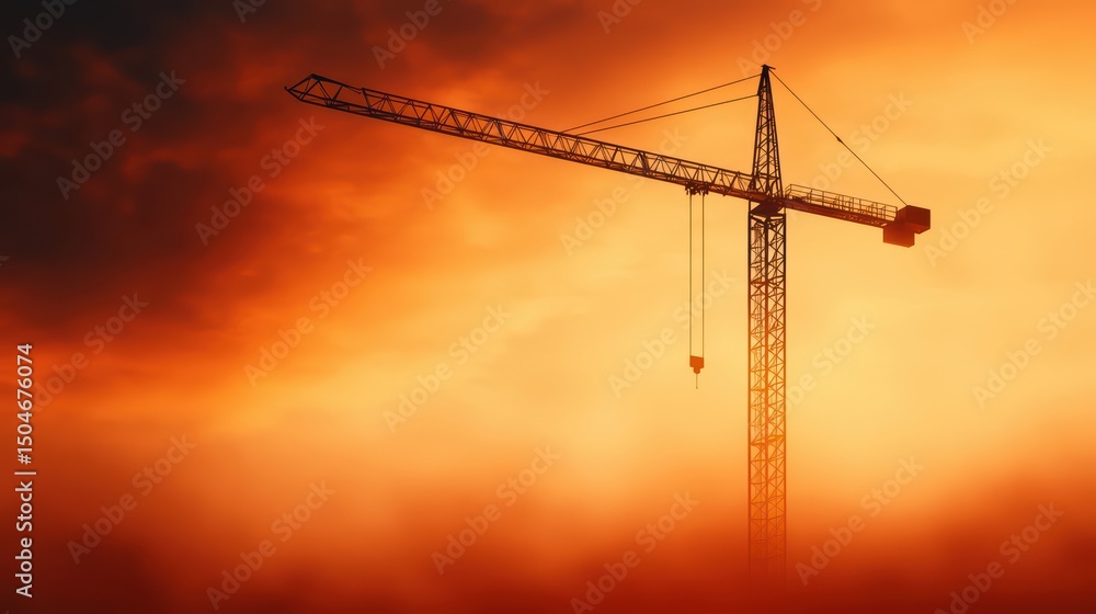 Silhouette of Construction Crane Against Dramatic Orange and Purple Sunset Sky with Clouds and Haze Silhouette of Construction Crane Against Dramatic Orange and Purple Sunset Sky with Clouds and Haze