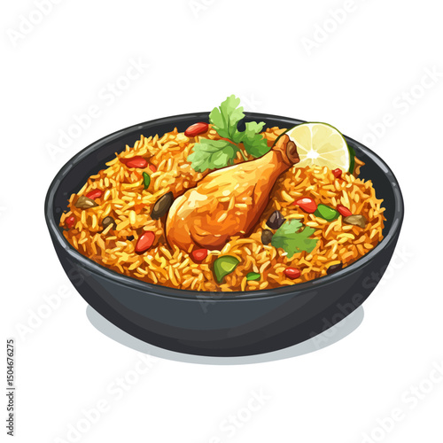 Chicken Biryani, cartoon vector illustration, flat 2D isometric style, white background.