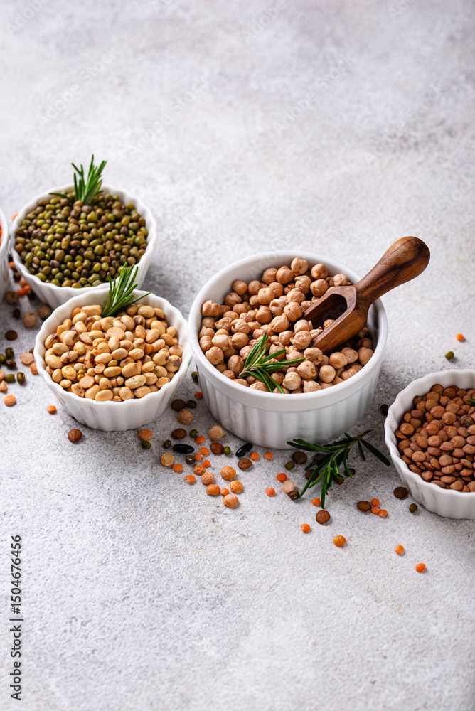 Fototapeta premium Beans, lentils, soybean, pea and chickpea