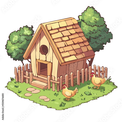 Chicken Coop, 2D isometric flat cartoon vector illustration isolated on white background.