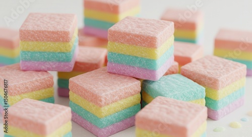 Colorful pastel square candies stacked on a white surface showcasing layers of pink, yellow, green, and blue sugar textures ideal for sweet treat themes