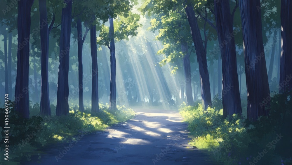 Obraz premium Enchanting forest path with sunbeams illuminating the tranquil scenery