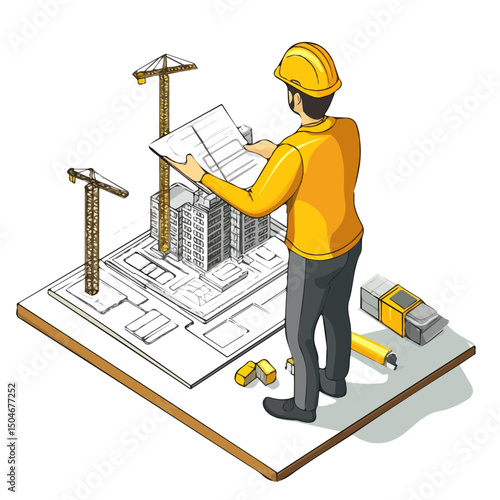 Architect, flat 2D isometric cartoon vector image isolated on white background.