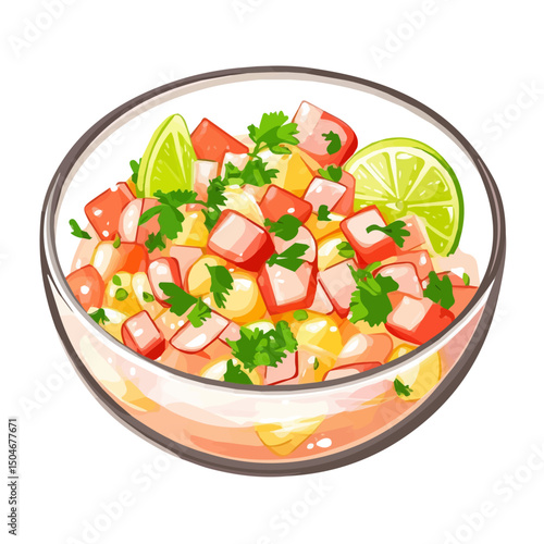 Ceviche, flat 2D isometric cartoon vector image isolated on white background.