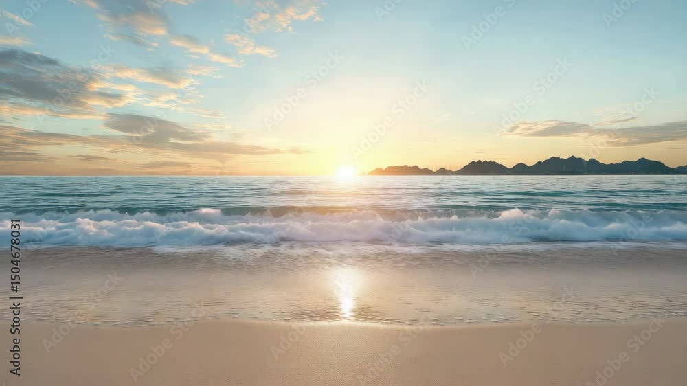 Serene beach landscape at sunset with gentle ocean waves and stunning horizon view. Serene beach landscape at sunset with gentle ocean waves and stunning horizon view.