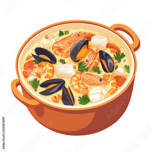 Bouillabaisse, flat 2D isometric cartoon vector image isolated on white background.