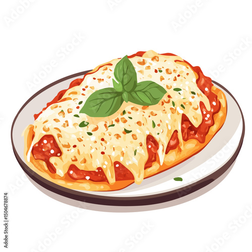 Chicken Parmigiana, cartoon vector illustration, flat 2D isometric style, white background.