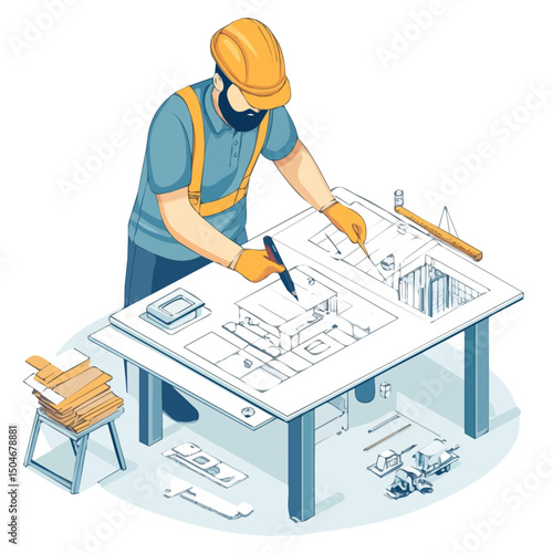 Architect, vector graphic, 2D flat isometric cartoon illustration on white background.
