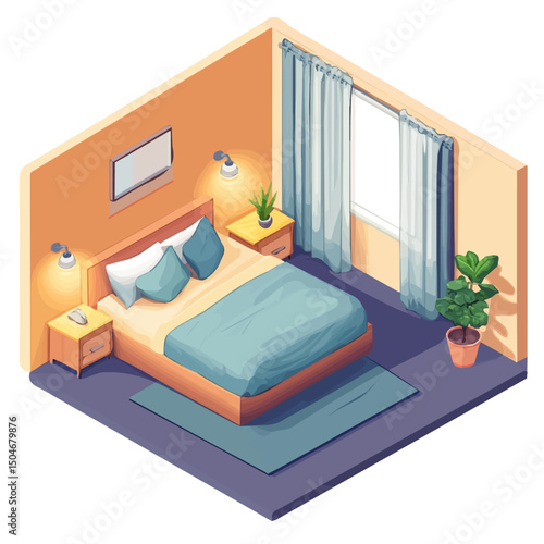 Bedroom With Soft Lighting, flat 2D isometric cartoon vector image isolated on white background.