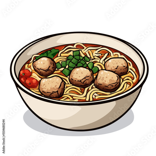 Bakso, 2D isometric flat cartoon vector illustration isolated on white background.