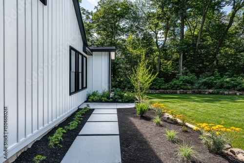 Wallpaper Mural Modern landscape design featuring a clean white exterior, lush greenery, and a well-maintained garden pathway surrounded by colorful flowers in a serene residential setting Torontodigital.ca