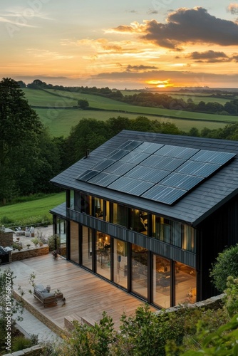A contemporary sustainable home featuring solar panels glows beautifully at sunset, offering breathtaking views of the lush green hills in the tranquil countryside
