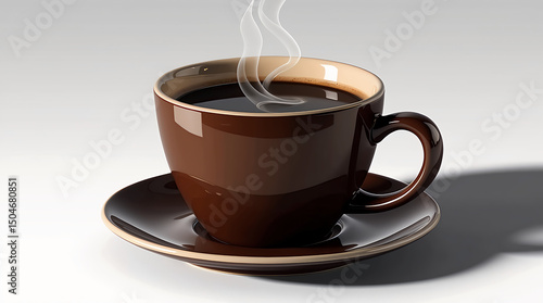 A brown ceramic coffee cup filled with hot coffee, placed on a matching saucer against a neutral gradient background. Steam rises from the cup, emphasizing warmth and freshness. Created With Ai 