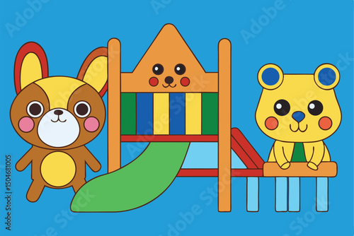 Cute cartoon animal illustration of a fun kitten and a baby dog with a mouse playing on a birthday card