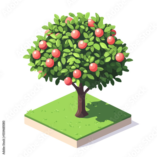 Apple Tree, vector graphic, 2D flat isometric cartoon illustration on white background.
