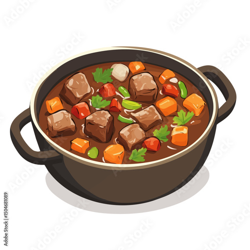 Beef Stew, vector graphic, 2D flat isometric cartoon illustration on white background.
