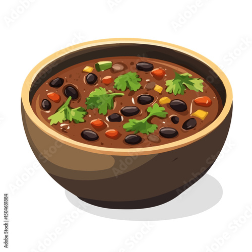 Black Bean Soup, vector graphic, 2D flat isometric cartoon illustration on white background.
