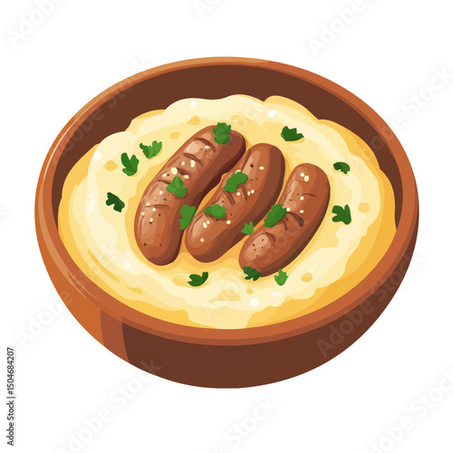 Bangers And Mash, 2D isometric flat cartoon vector illustration isolated on white background.